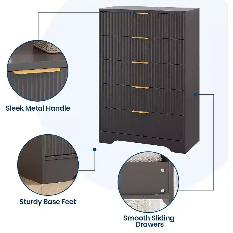 47 Inch Tall Fluted 5-Drawer Dresser with Gold Handles, Wood Tone Finish Storage Cabinet for Bedroom Closet and Entryway, Multi-Use Organizer