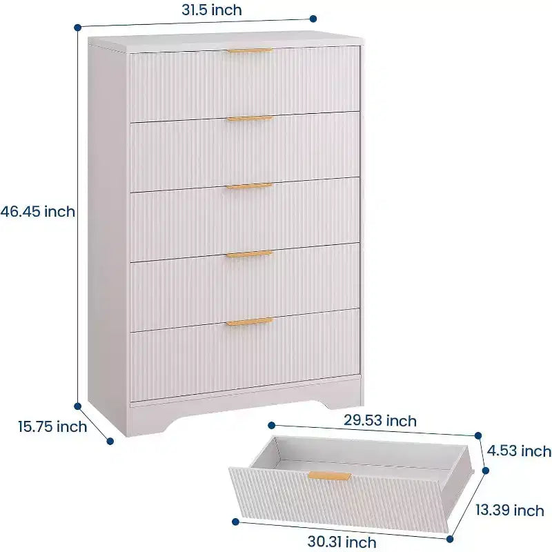 47 Inch Tall Fluted 5-Drawer Dresser with Gold Handles, Wood Tone Finish Storage Cabinet for Bedroom Closet and Entryway, Multi-Use Organizer