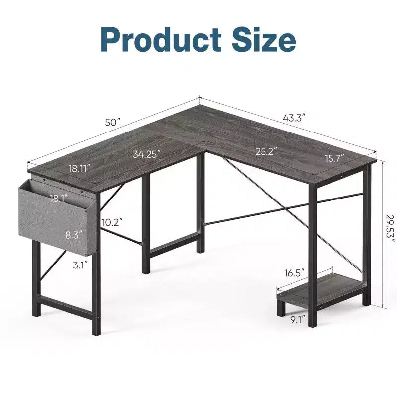 Black / Brown / Gray / White L-Shaped Corner Desk, 50", 1-Person