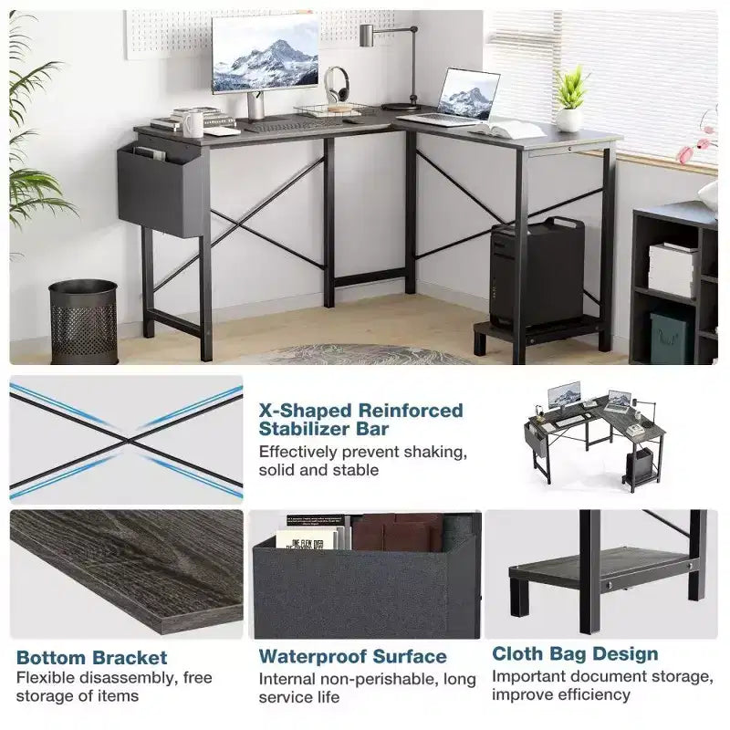 Black / Brown / Gray / White L-Shaped Corner Desk, 50", 1-Person