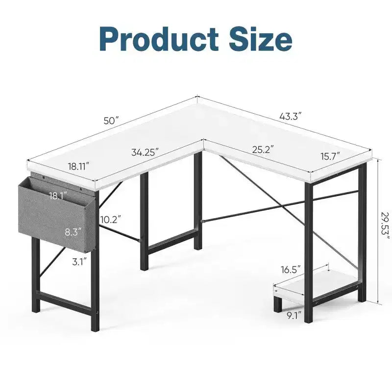 Black / Brown / Gray / White L-Shaped Corner Desk, 50", 1-Person