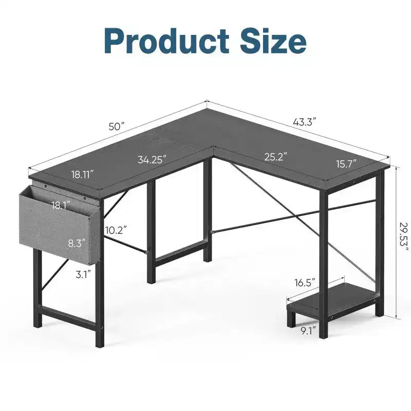Black / Brown / Gray / White L-Shaped Corner Desk, 50", 1-Person