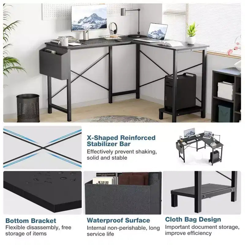 Black / Brown / Gray / White L-Shaped Corner Desk, 50", 1-Person