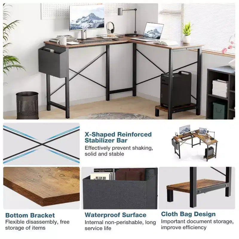 Black / Brown / Gray / White L-Shaped Corner Desk, 50", 1-Person
