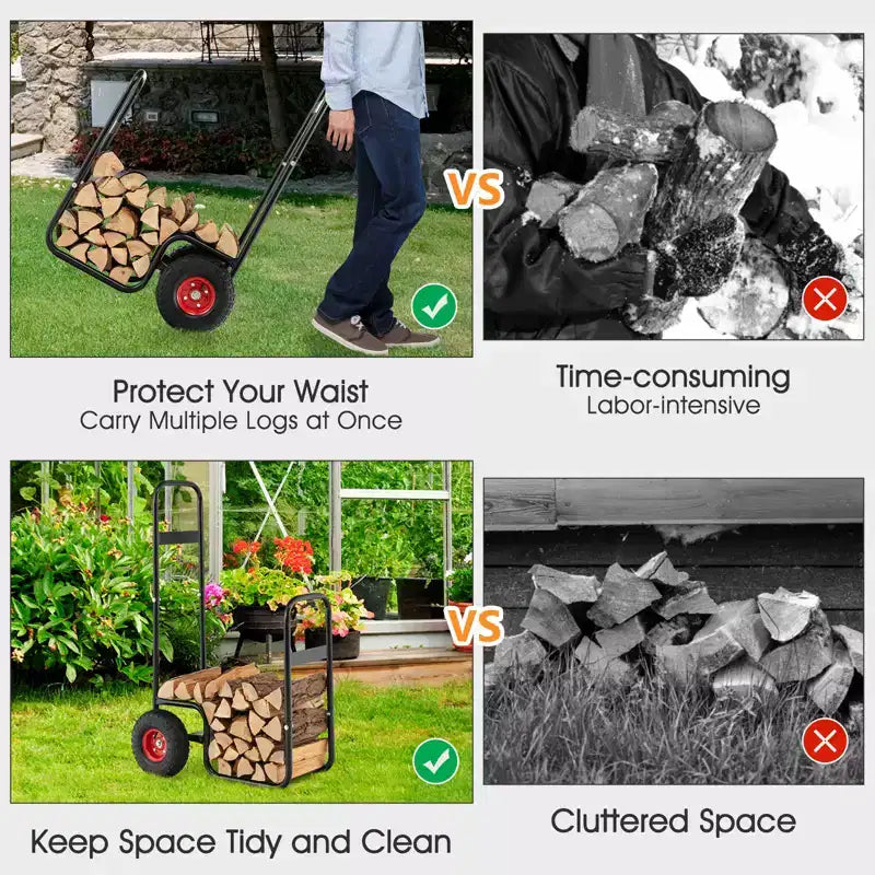 Costway Firewood Log Cart Carrier Firewood Cart Wood Hauler with Wear-Resistant and Shockproof Rubber Wheels