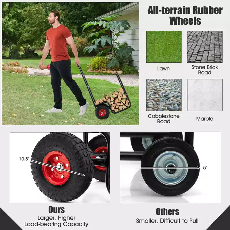 Costway Firewood Log Cart Carrier Firewood Cart Wood Hauler with Wear-Resistant and Shockproof Rubber Wheels