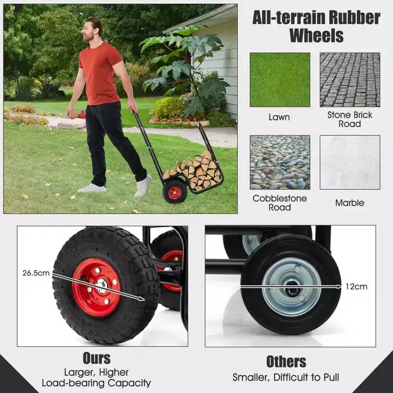 Costway Firewood Log Cart Carrier Firewood Cart Wood Hauler with Wear-Resistant and Shockproof Rubber Wheels