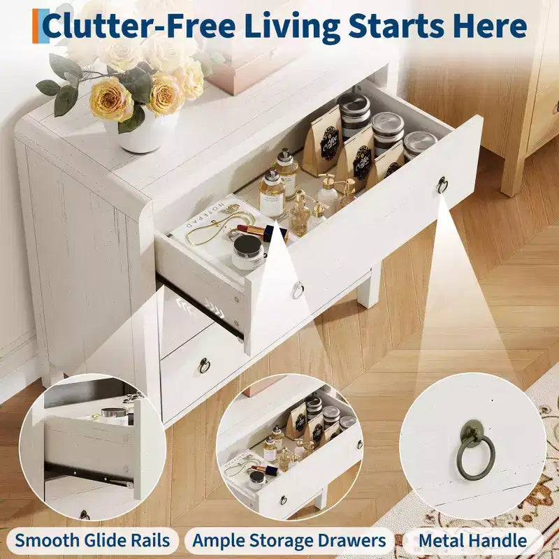 White Lacquered Wood Dresser, 3 or 5 Drawers, 1-Person