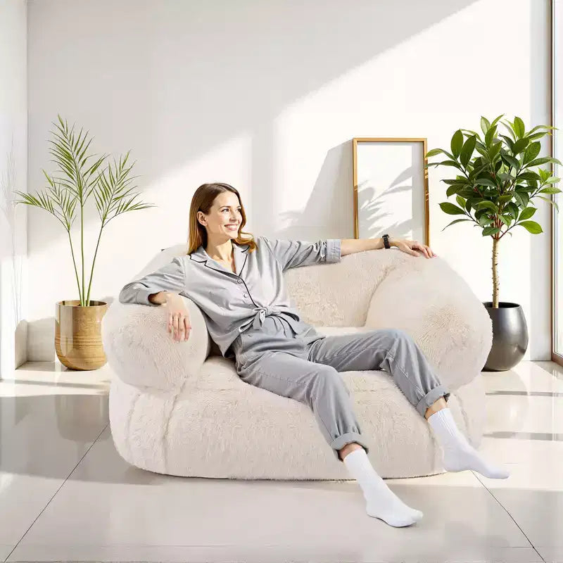 Beige Bean Bag Chair with Armrests, 1-Person Adult