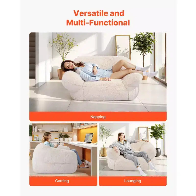Beige Bean Bag Chair with Armrests, 1-Person Adult