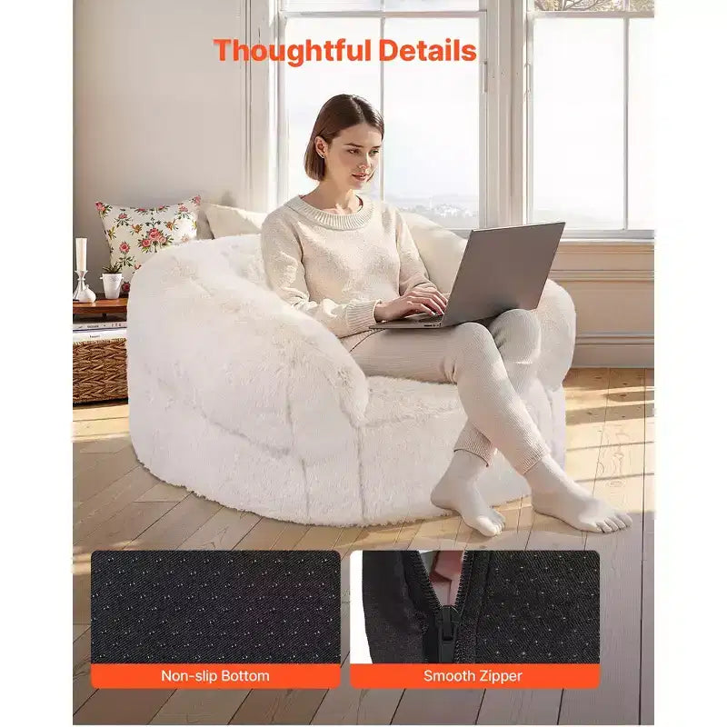 Beige Bean Bag Chair with Armrests, 1-Person Adult