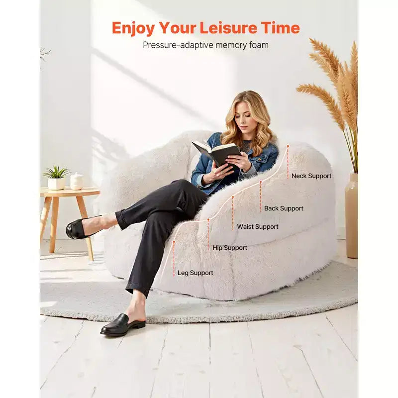 Beige Bean Bag Chair with Armrests, 1-Person Adult