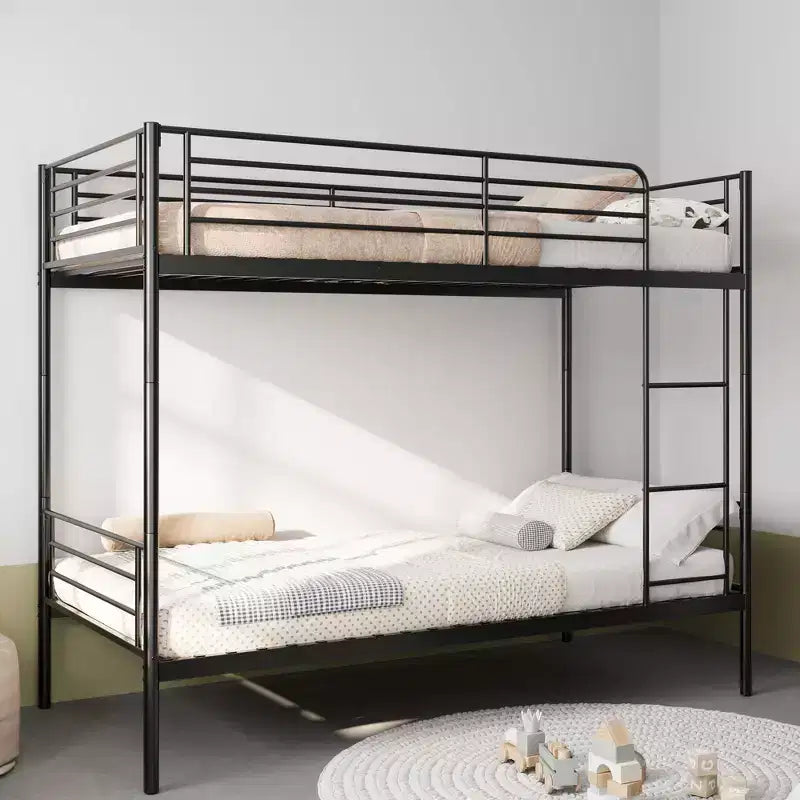 Black/White Twin Metal Bunk Bed with Ladder, 2-Person
