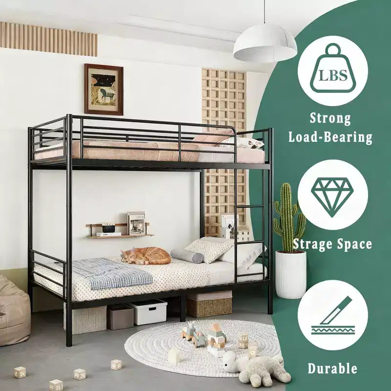 Black/White Twin Metal Bunk Bed with Ladder, 2-Person