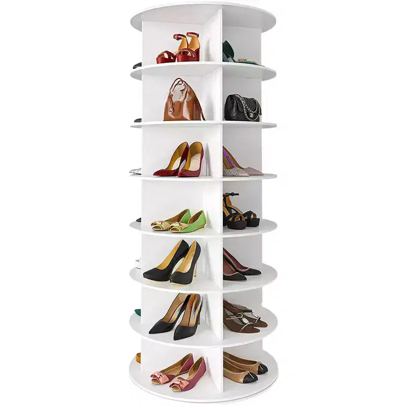 White 7-Tier Rotating Shoe Rack, Freestanding, Holds 28 Pairs