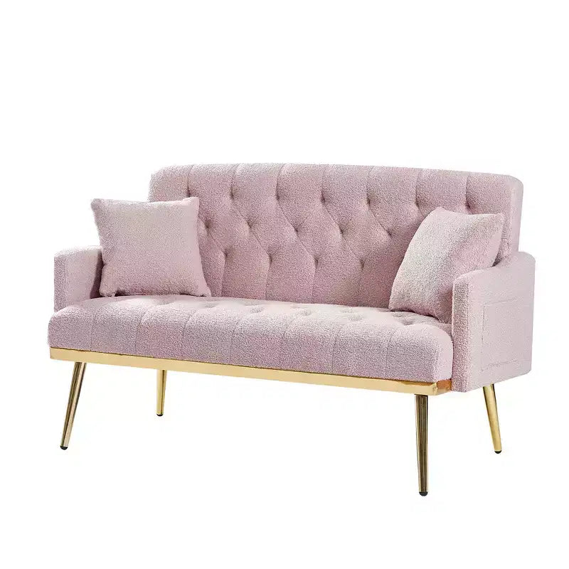Pink Teddy Fabric Loveseat Sofa, 2-Seater, Metal Gold Legs