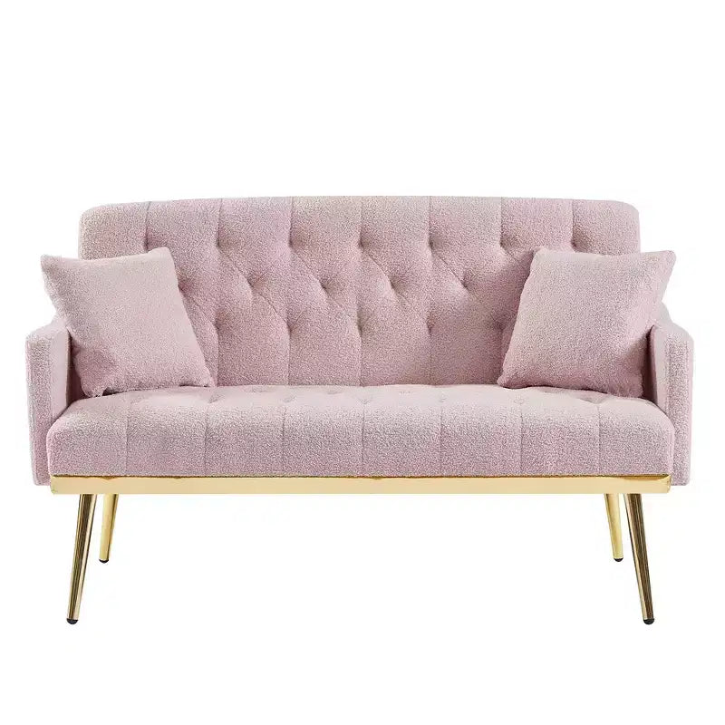 Pink Teddy Fabric Loveseat Sofa, 2-Seater, Metal Gold Legs