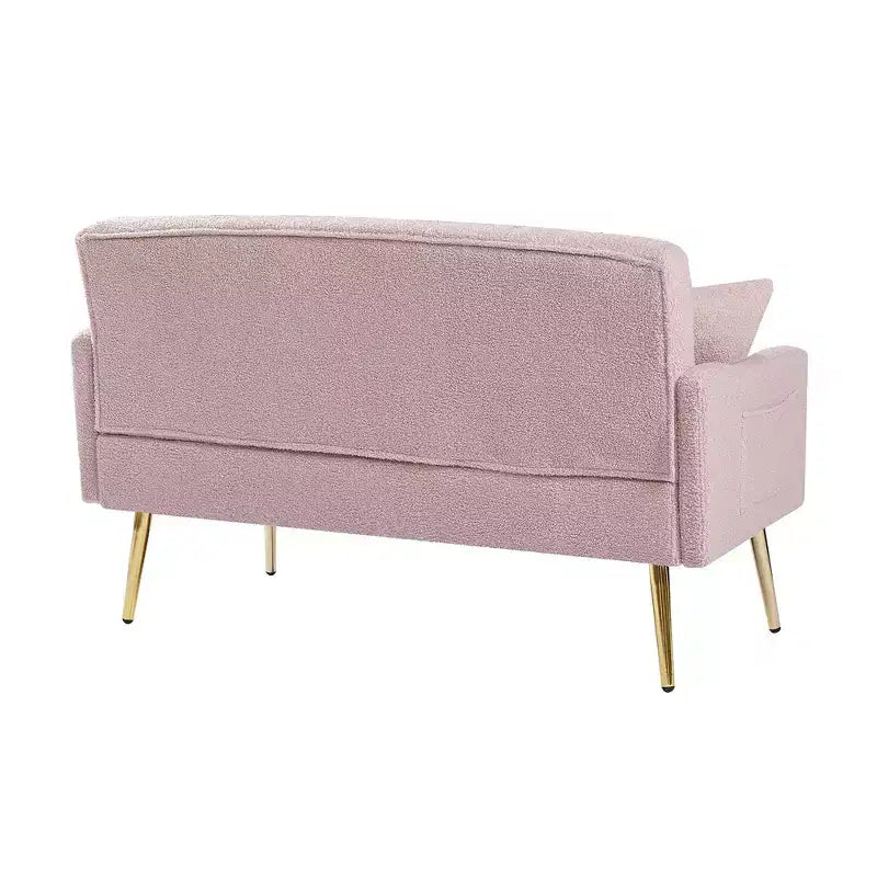 Pink Teddy Fabric Loveseat Sofa, 2-Seater, Metal Gold Legs