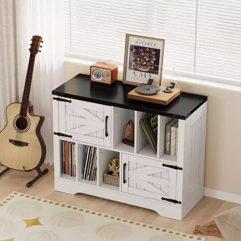 Blue/White Farmhouse Vinyl Record Cabinet with 2 Barn Doors, 1-Person