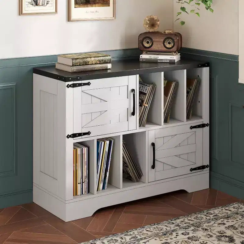 Blue/White Farmhouse Vinyl Record Cabinet with 2 Barn Doors, 1-Person