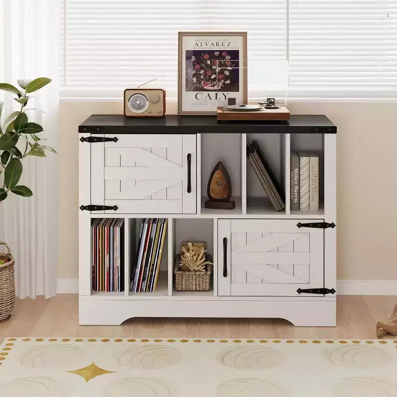 Blue/White Farmhouse Vinyl Record Cabinet with 2 Barn Doors, 1-Person
