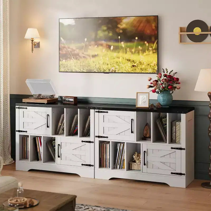 Blue/White Farmhouse Vinyl Record Cabinet with 2 Barn Doors, 1-Person