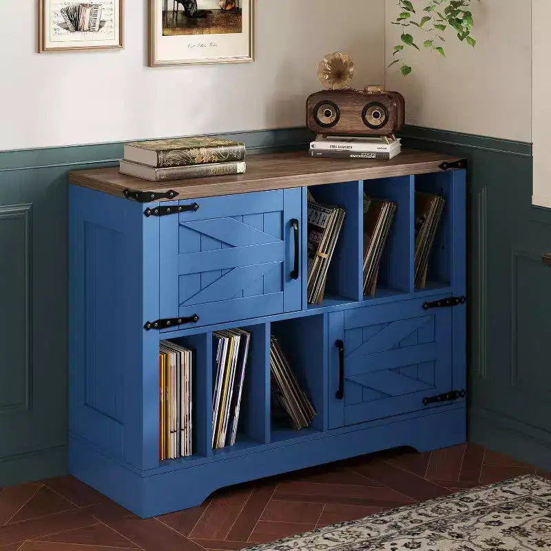 Blue/White Farmhouse Vinyl Record Cabinet with 2 Barn Doors, 1-Person