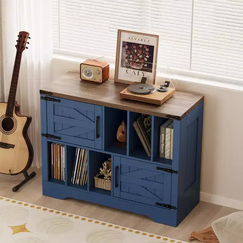 Blue/White Farmhouse Vinyl Record Cabinet with 2 Barn Doors, 1-Person