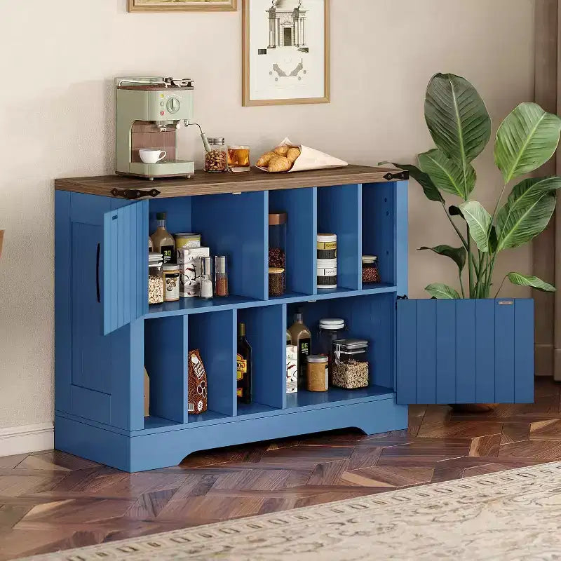 Blue/White Farmhouse Vinyl Record Cabinet with 2 Barn Doors, 1-Person