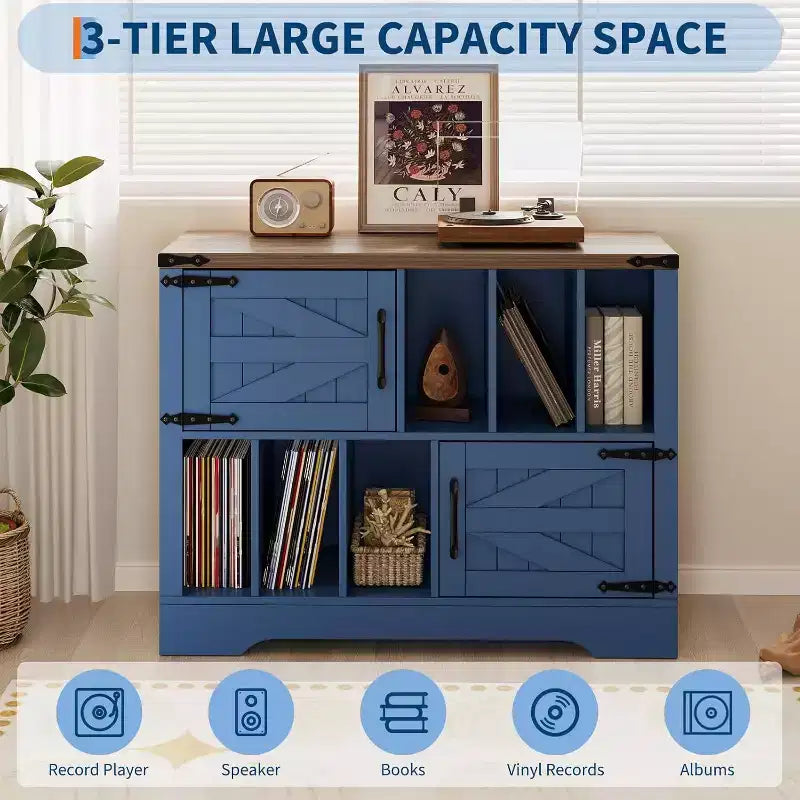 Blue/White Farmhouse Vinyl Record Cabinet with 2 Barn Doors, 1-Person