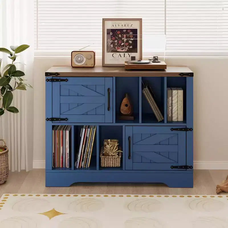 Blue/White Farmhouse Vinyl Record Cabinet with 2 Barn Doors, 1-Person