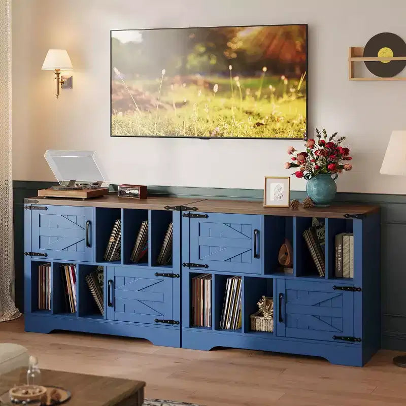 Blue/White Farmhouse Vinyl Record Cabinet with 2 Barn Doors, 1-Person