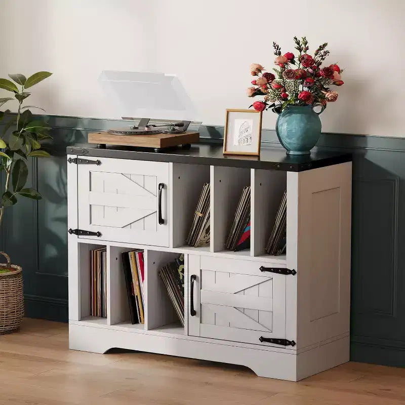 Blue/White Farmhouse Vinyl Record Cabinet with 2 Barn Doors, 1-Person