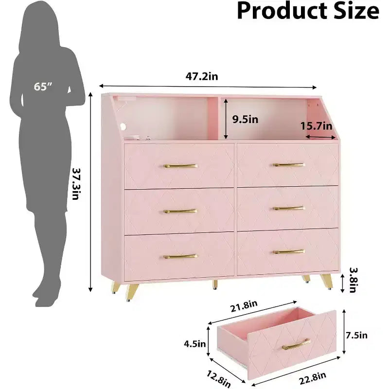 Pink 6-Drawer Dresser with Power Station, Gold Legs – Modern Style, 1 User