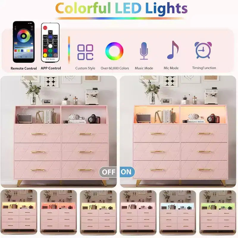 Pink 6-Drawer Dresser with Power Station, Gold Legs – Modern Style, 1 User