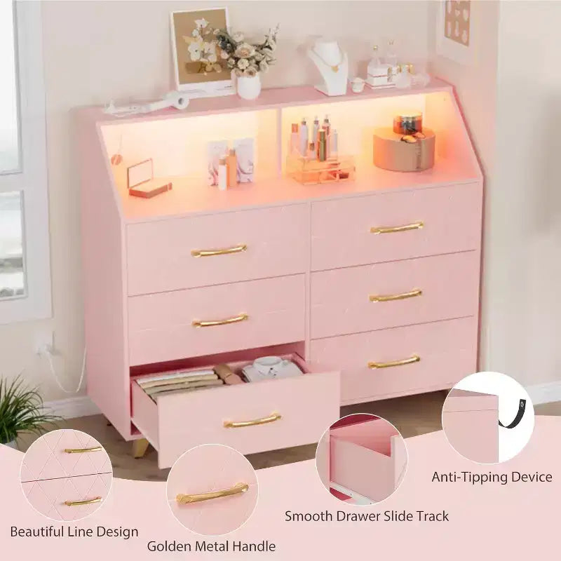 Pink 6-Drawer Dresser with Power Station, Gold Legs – Modern Style, 1 User