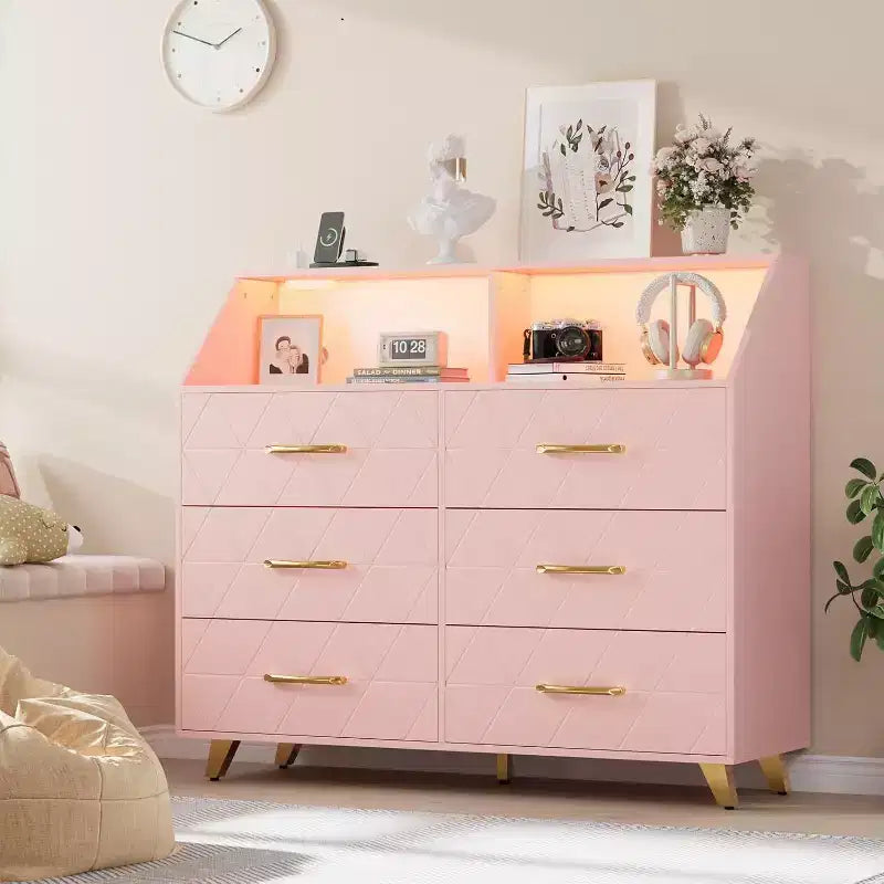 Pink 6-Drawer Dresser with Power Station, Gold Legs – Modern Style, 1 User