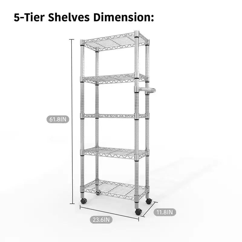 Silver 5-Tier Adjustable Wire Shelving Unit with Wheels