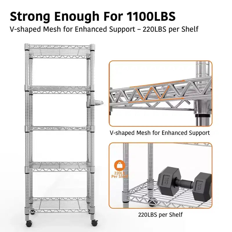 5-Tier Metal Storage Shelves with Wheels & Handle, Adjustable Wire Rack for Kitchen, Garage or Pantry, 1100LBS Capacity, Silver