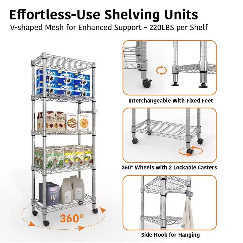Silver 5-Tier Adjustable Wire Shelving Unit with Wheels