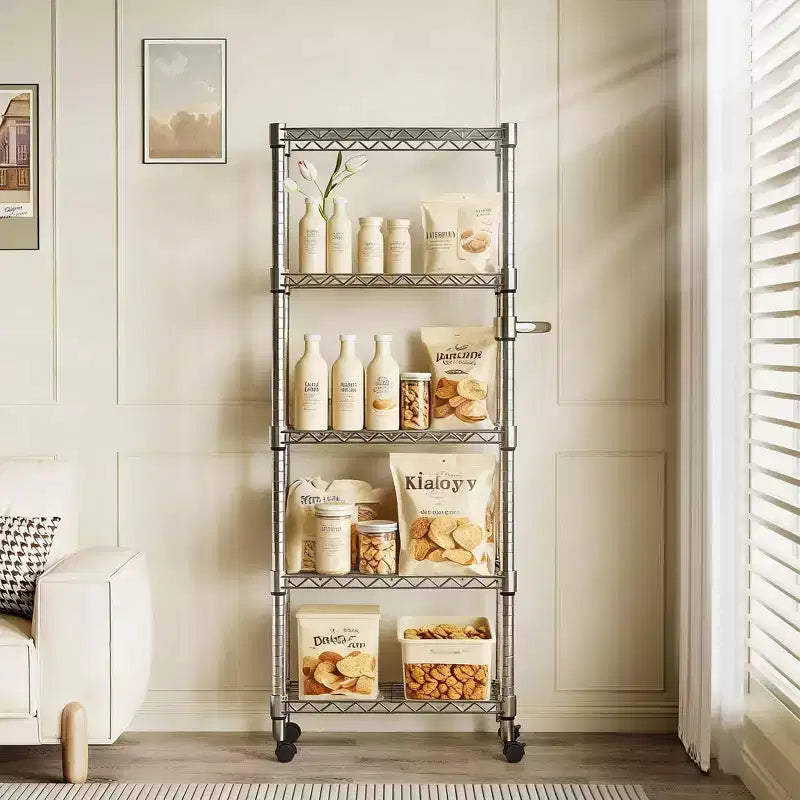 Silver 5-Tier Adjustable Wire Shelving Unit with Wheels