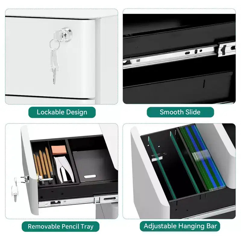 White 3-Drawer Mobile File Cabinet with Lock – Steel, for 1 User, Office/Home