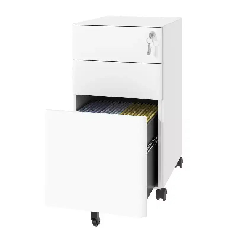 White 3-Drawer Mobile File Cabinet with Lock – Steel, for 1 User, Office/Home
