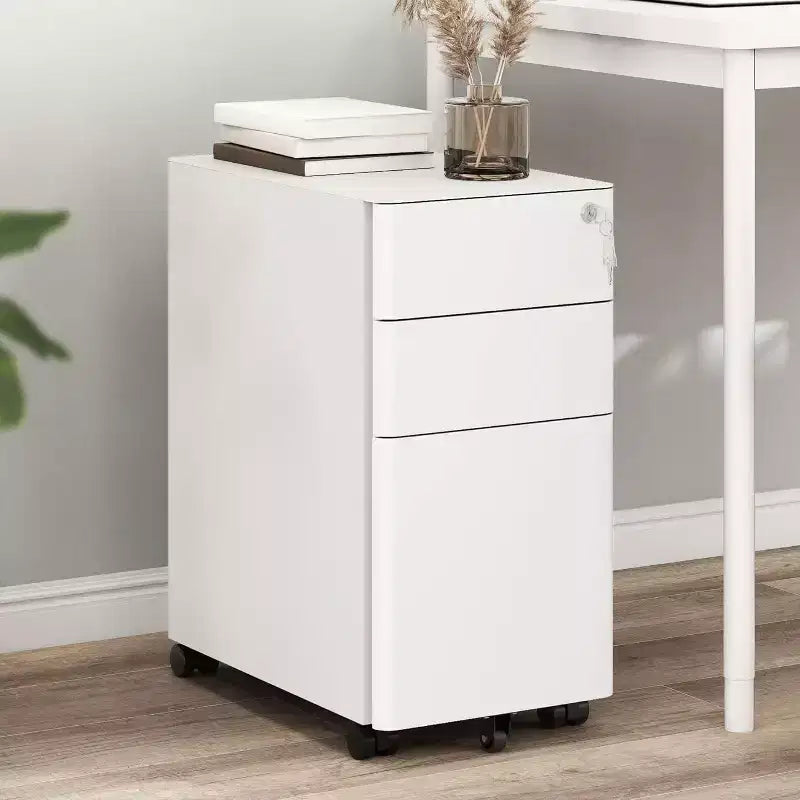 White 3-Drawer Mobile File Cabinet with Lock – Steel, for 1 User, Office/Home