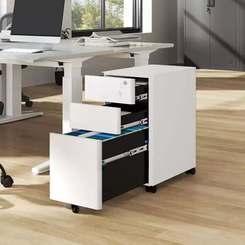 White 3-Drawer Mobile File Cabinet with Lock – Steel, for 1 User, Office/Home