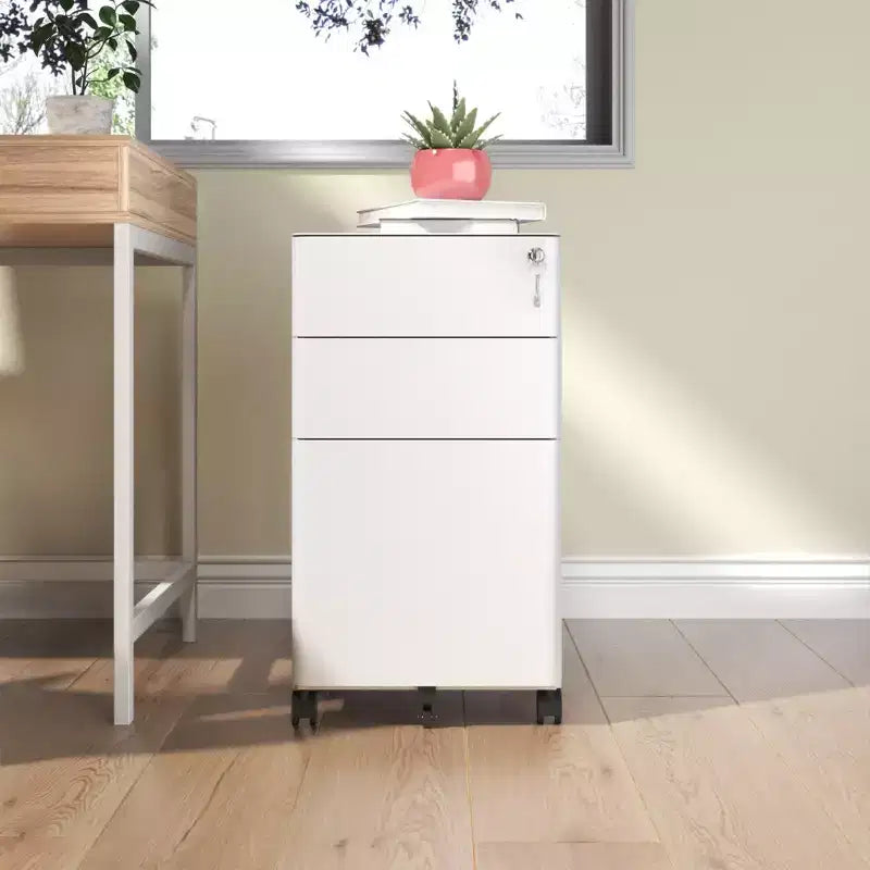 White 3-Drawer Mobile File Cabinet with Lock – Steel, for 1 User, Office/Home