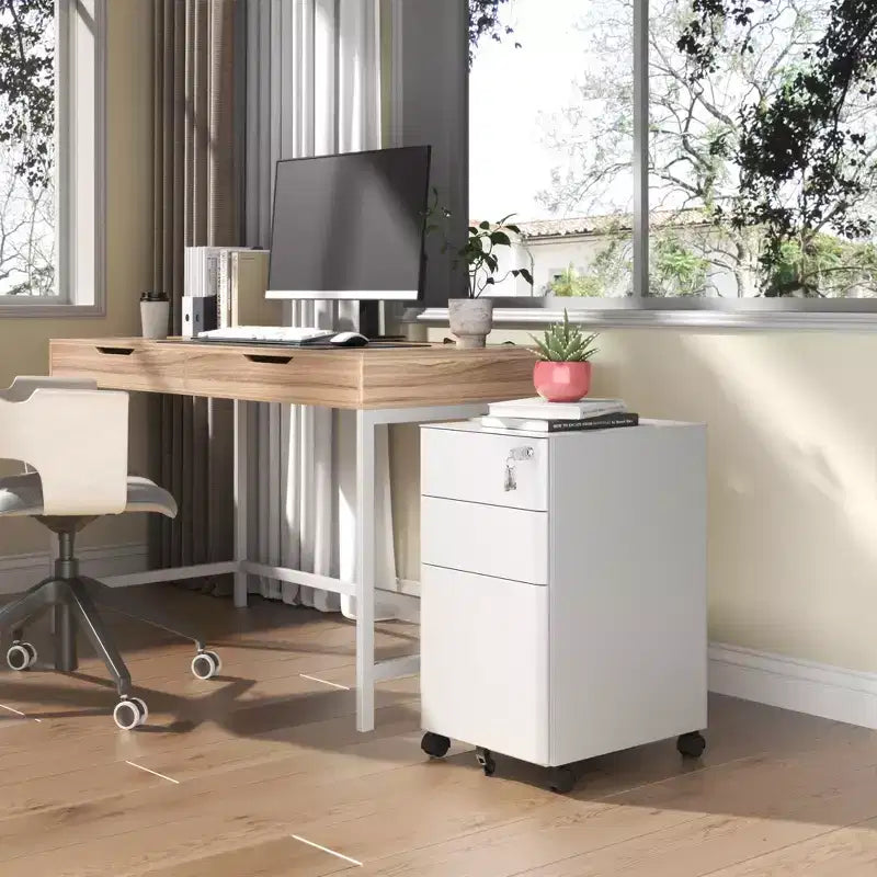 White 3-Drawer Mobile File Cabinet with Lock – Steel, for 1 User, Office/Home