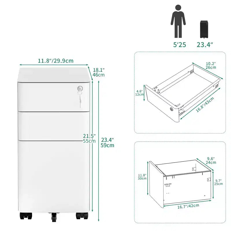 White 3-Drawer Mobile File Cabinet with Lock – Steel, for 1 User, Office/Home