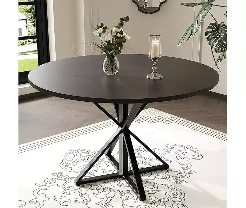 47 in Round Dining Table for 4, Wooden Circle Dinner Table, Heavy Duty Metal Pedestal & 4 Parts of Tabletop, Round Pedestal Kitchen Tables